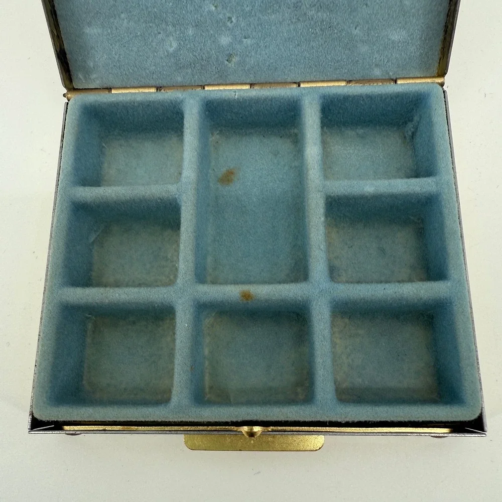 Vintage Gold Tone Floral Cameo Pill Trinket Box Blue Velvet Interior 1950s
